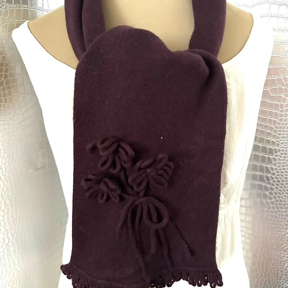 David Meister Purple Fringed Knitted Scarf with Embellished Floral Detail